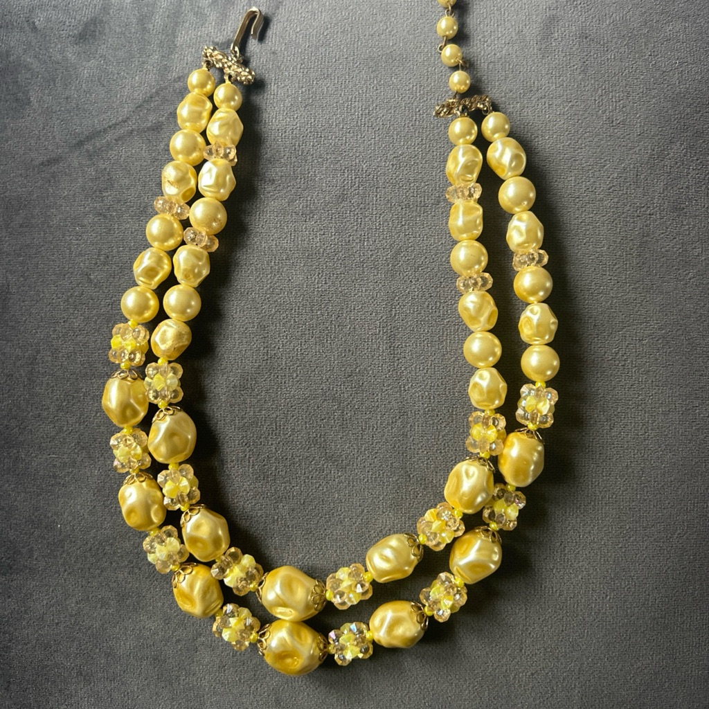 Vintage 3 Strand Elegant Yellow Beaded Necklace 14 Inches
